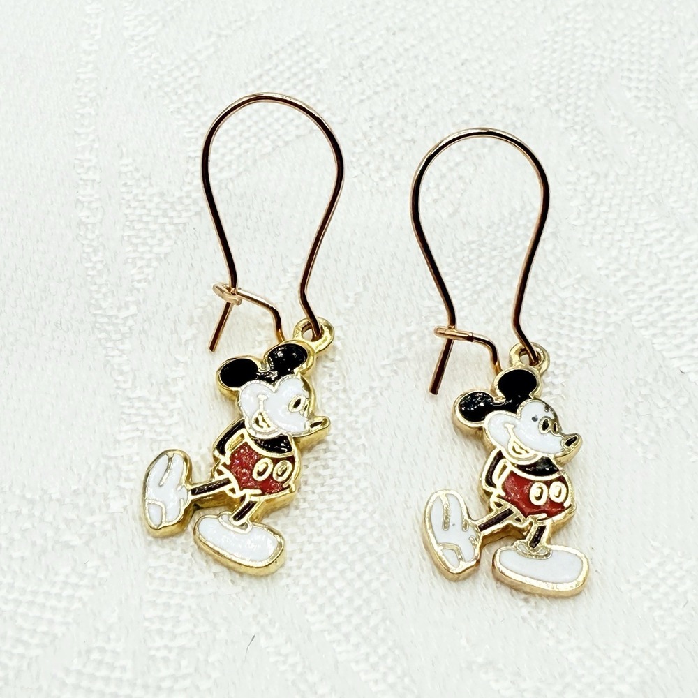 Vintage Disney MICKEY‎ MOUSE Gold Tone Enamel Drop Earrings - New Hooks Replaced